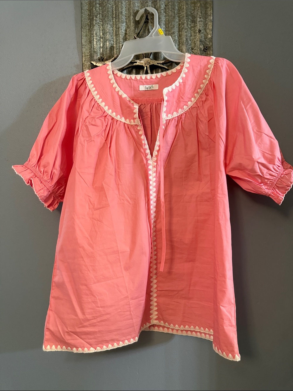 Women’s Coral Pink Peasant Blouse with Contrast Trim